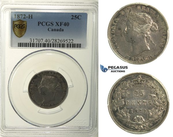 R109, Canada, Victoria, 25 Cents 1872-H, Heaton, Silver, PCGS XF40