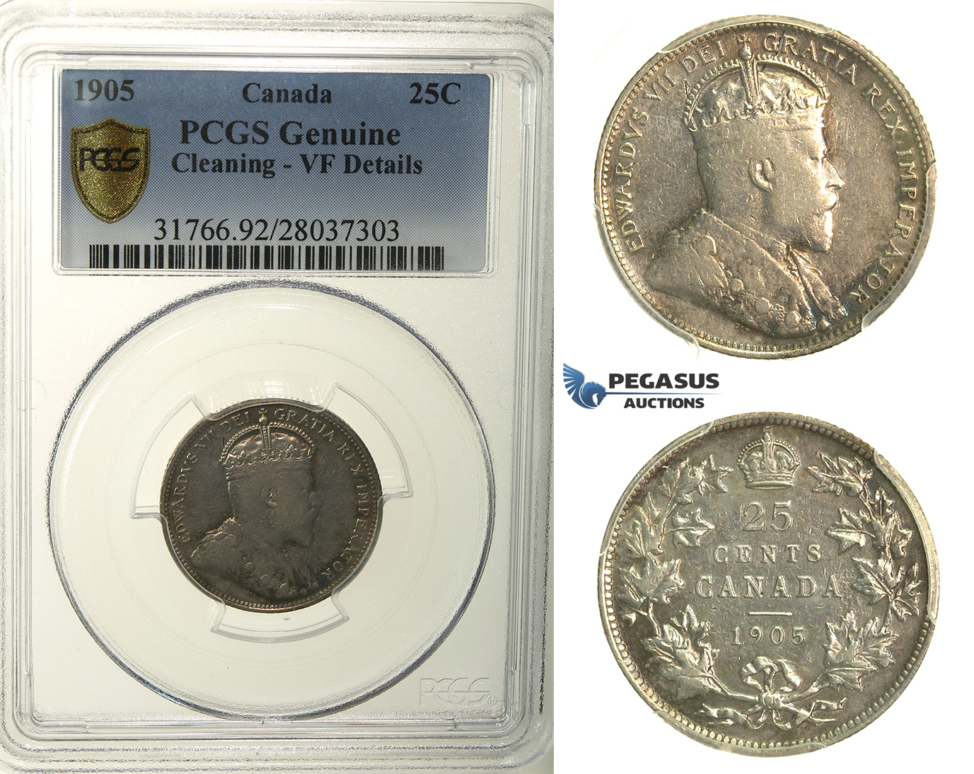 R112, Canada, Edward VII, 25 Cents 1905, Silver, PCGS VF Details