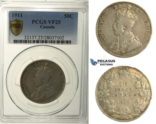 R114, Canada, George V, 50 Cents 1911, Silver, PCGS VF25