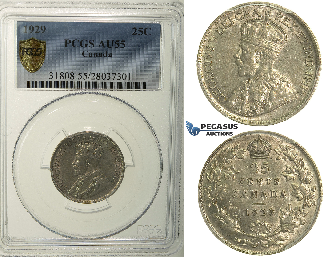 R116, Canada, George V, 25 Cents 1929, Silver, PCGS AU55