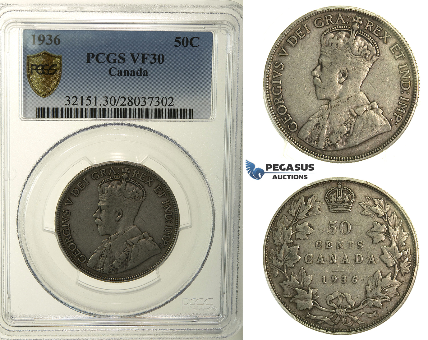 R117, Canada, George V, 50 Cents 1936, Silver, PCGS VF30