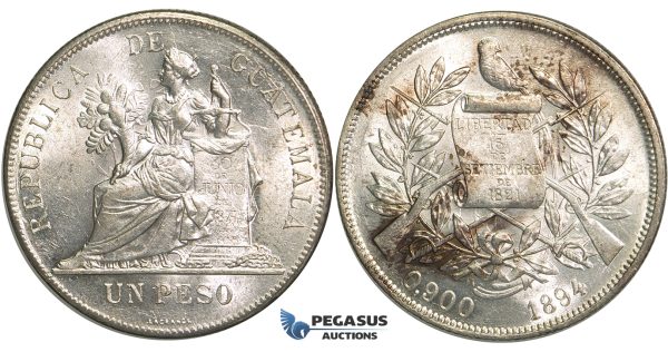 R12, Guatemala, Peso 1894, Silver, Mint State (Few hairlines)