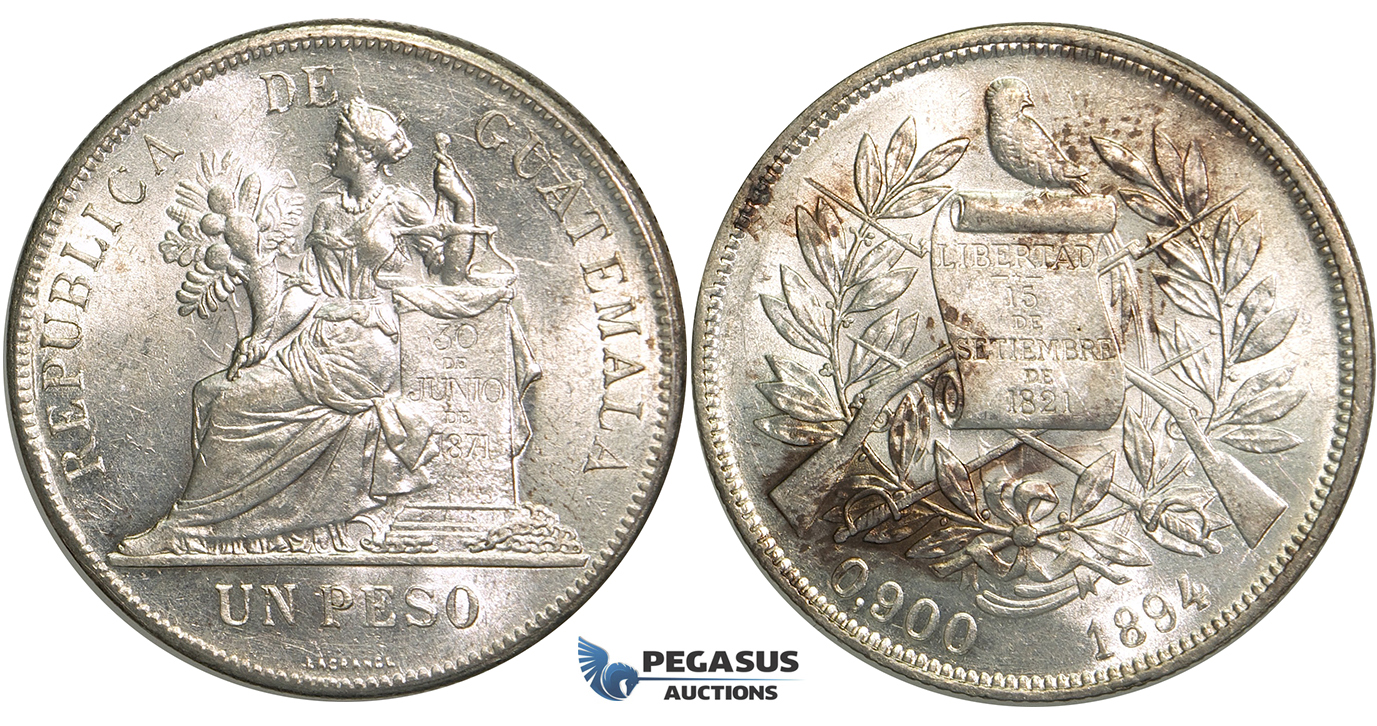 R12, Guatemala, Peso 1894, Silver, Mint State (Few hairlines)