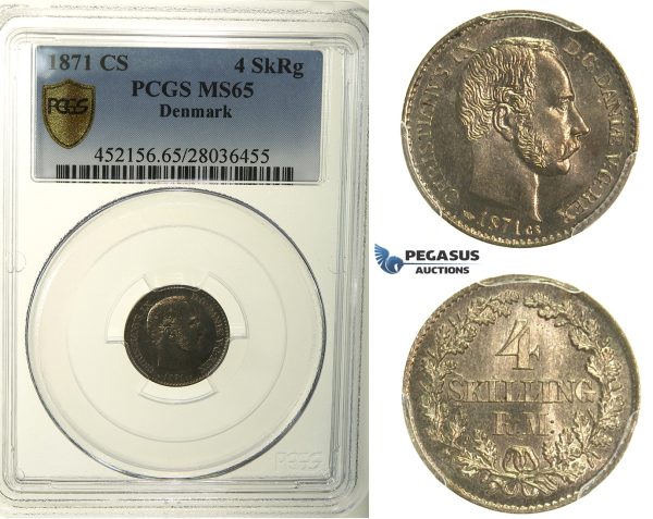 R125, Denmark, Christian IX, 4 Skilling 1871-CS, Copenhagen, Silver, PCGS MS65
