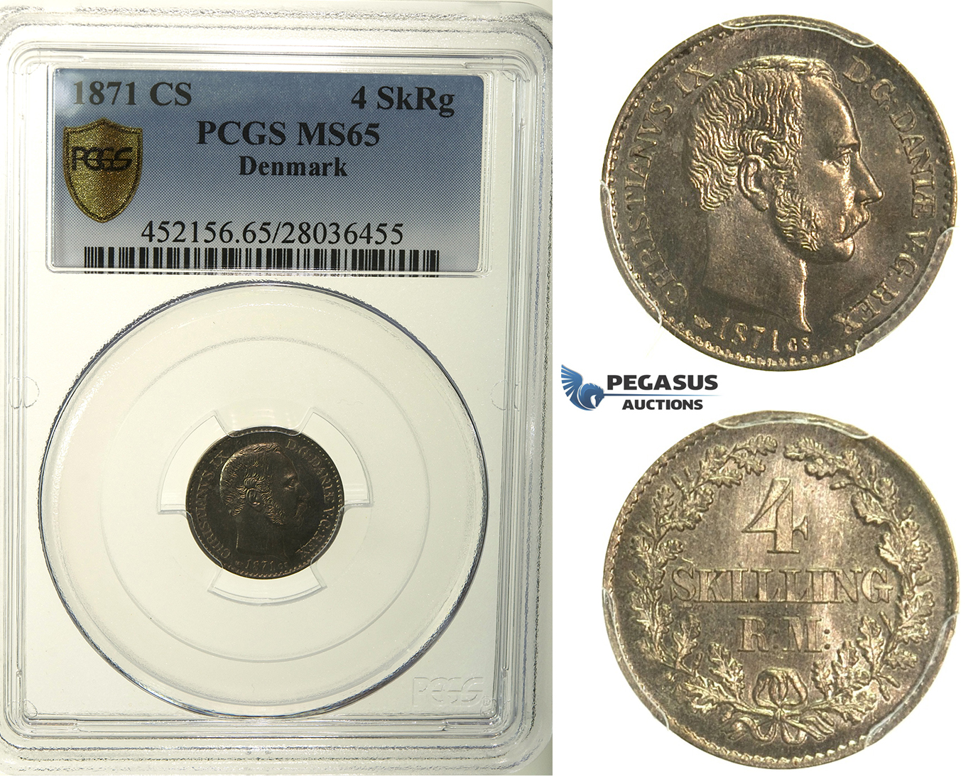 R125, Denmark, Christian IX, 4 Skilling 1871-CS, Copenhagen, Silver, PCGS MS65