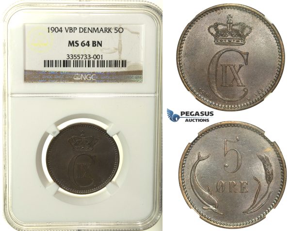R126, Denmark, Christian IX, 5 Øre 1904-VBP, Copenhagen, NGC MS64BN