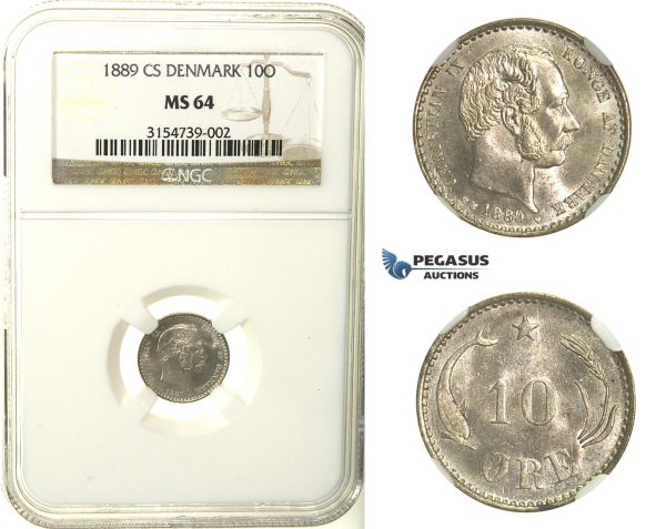 R127, Denmark, Christian IX, 10 Øre 1889-CS, Copenhagen, Silver, NGC MS64