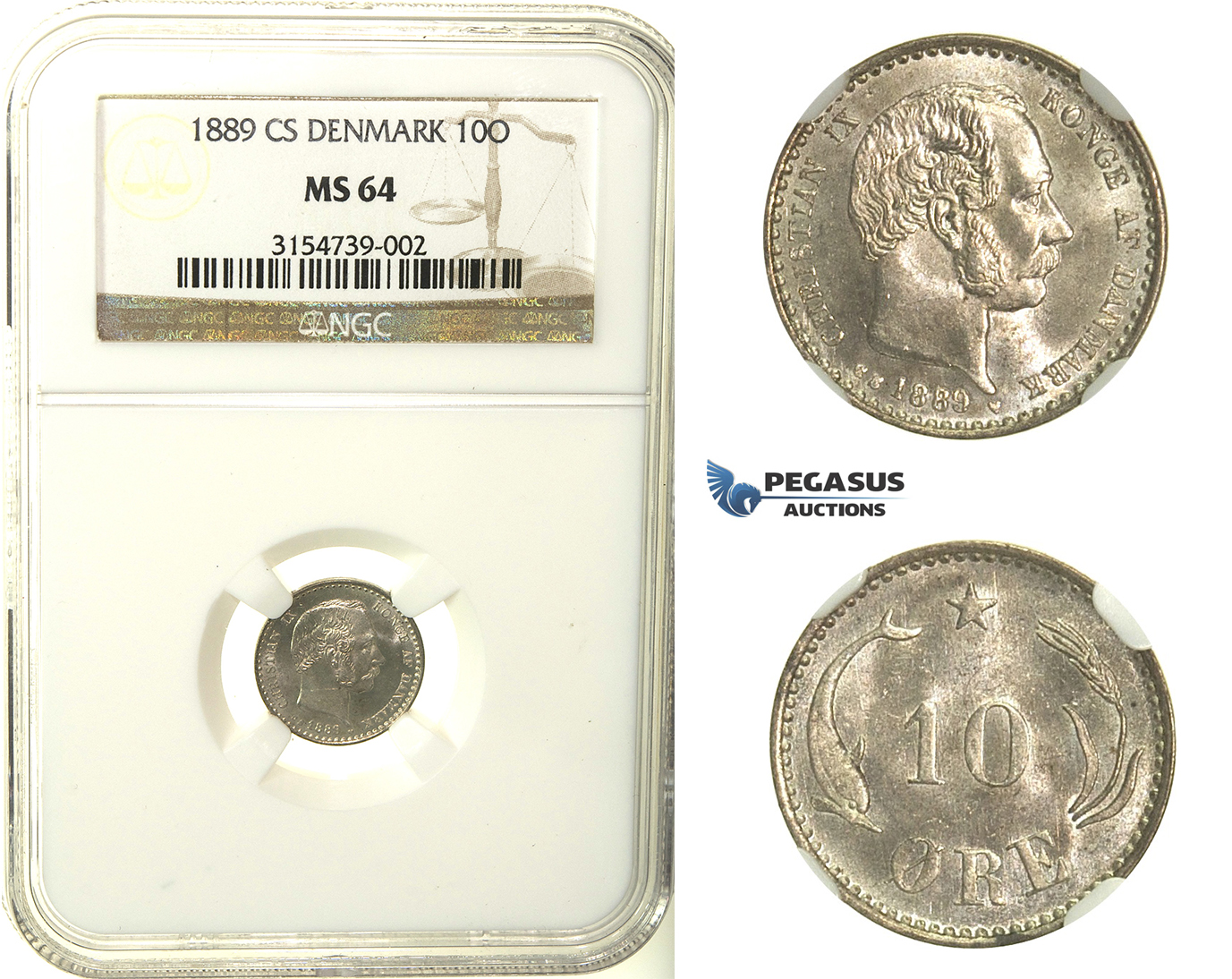 R127, Denmark, Christian IX, 10 Øre 1889-CS, Copenhagen, Silver, NGC MS64