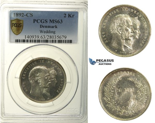R129, Denmark, Christian IX, 2 Kroner 1892 (Golden Wedding) Silver, Copenhagen, PCGS MS63