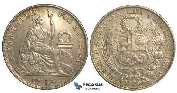 R13, Peru, Sol 1870-YJ, Silver, Nice toning!