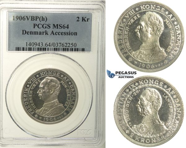 R130, Denmark, Frederik VIII, 2 Kroner 1906 (Accession of Fr. VIII) Copenhagen, Silver, PCGS MS64