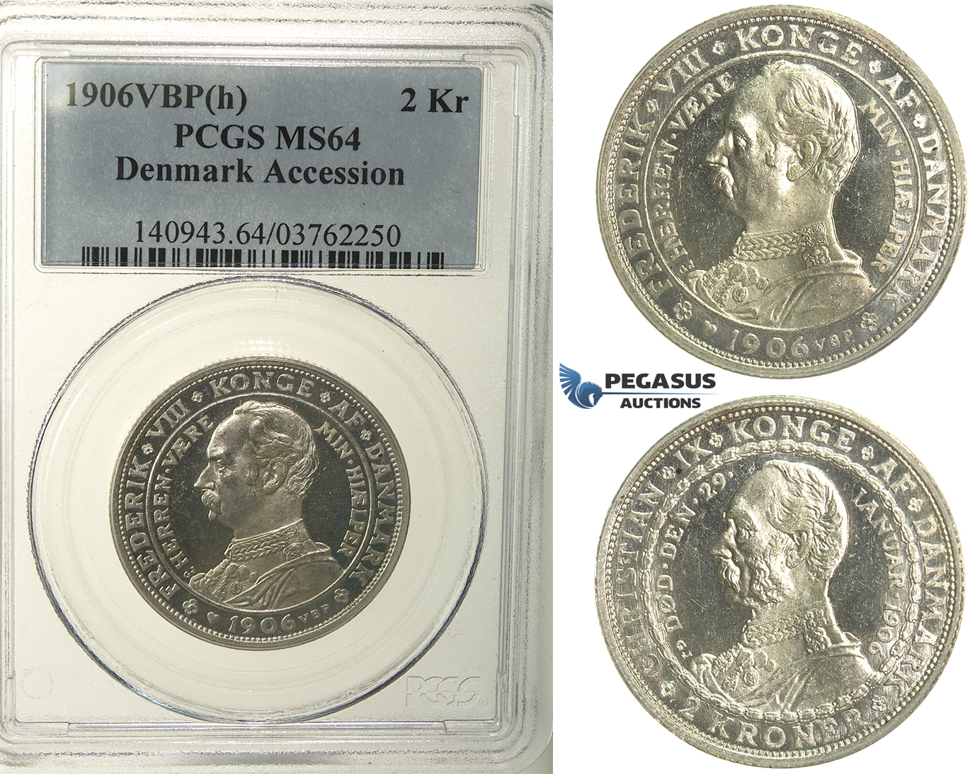 R130, Denmark, Frederik VIII, 2 Kroner 1906 (Accession of Fr. VIII) Copenhagen, Silver, PCGS MS64