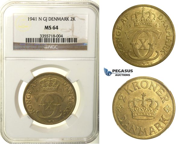 R133, Denmark, Christian X, 2 Kroner 1941-N, Copenhagen, NGC MS64