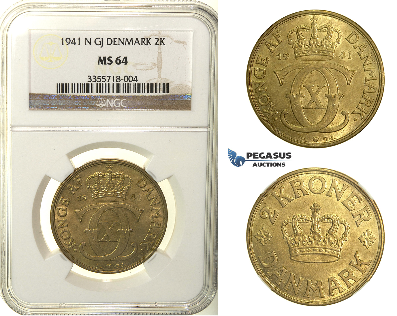 R133, Denmark, Christian X, 2 Kroner 1941-N, Copenhagen, NGC MS64