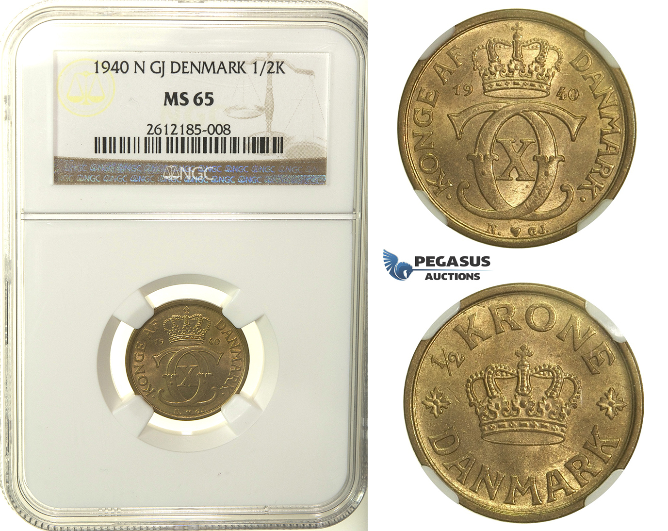 R134, Denmark, Christian X, 1/2 Krone 1940-N, Copenhagen, NGC MS65