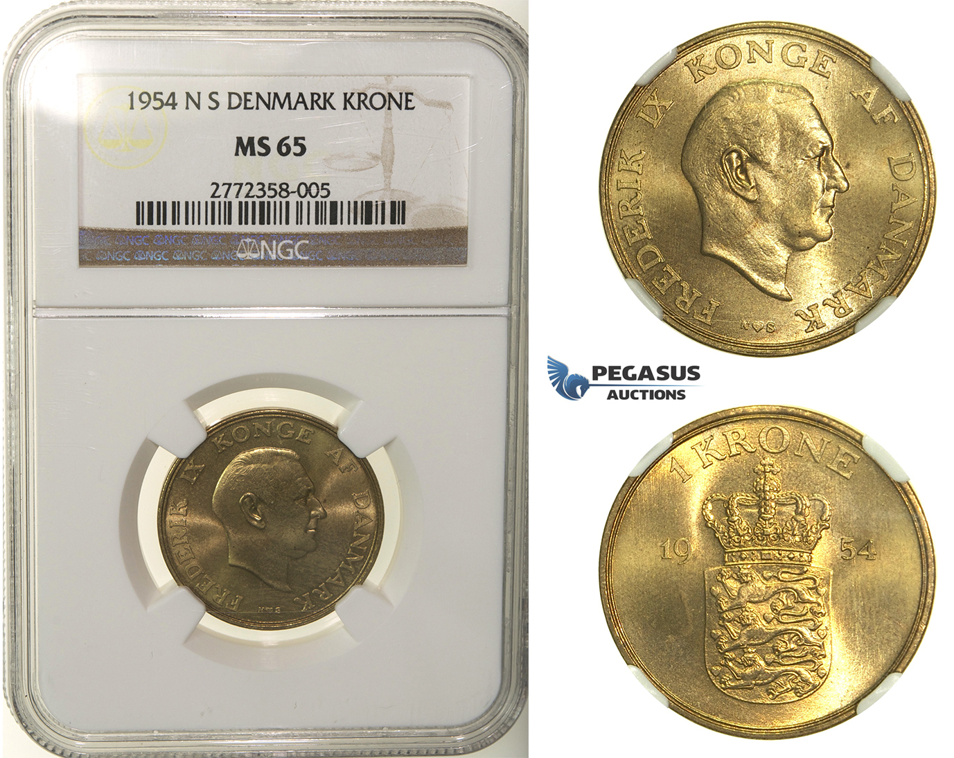 R135, Denmark, Frederik IX, 1 Krone 1954-N, Copenhagen, NGC MS65