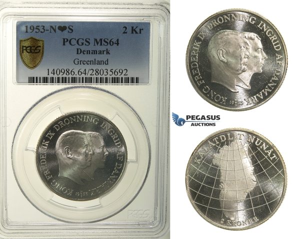 R136, Denmark, Frederik IX, 2 Kroner 1953 (Greenland) Silver, Copenhagen, PCGS MS64