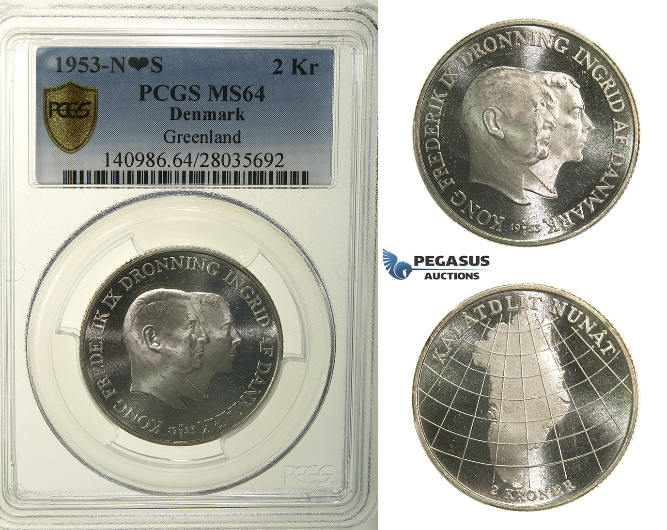 R136, Denmark, Frederik IX, 2 Kroner 1953 (Greenland) Silver, Copenhagen, PCGS MS64