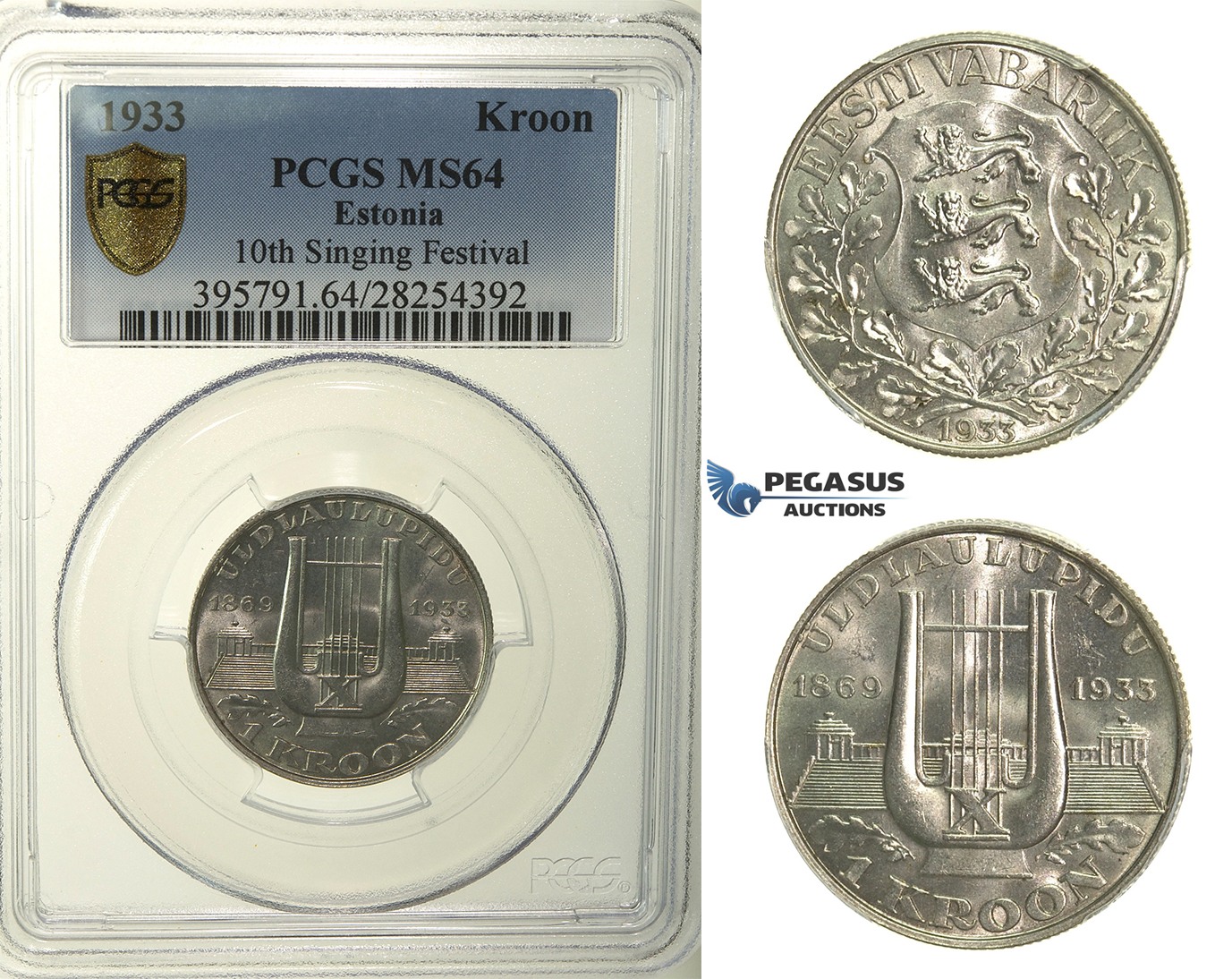 R137, Estonia, 1 Kroon 1933 (10th Singing Festival) Silver, PCGS MS64