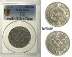 R138, Finland, 500 Markkaa 1951-H (Olympic Games) Helsinki, Silver, PCGS MS65, Rare!