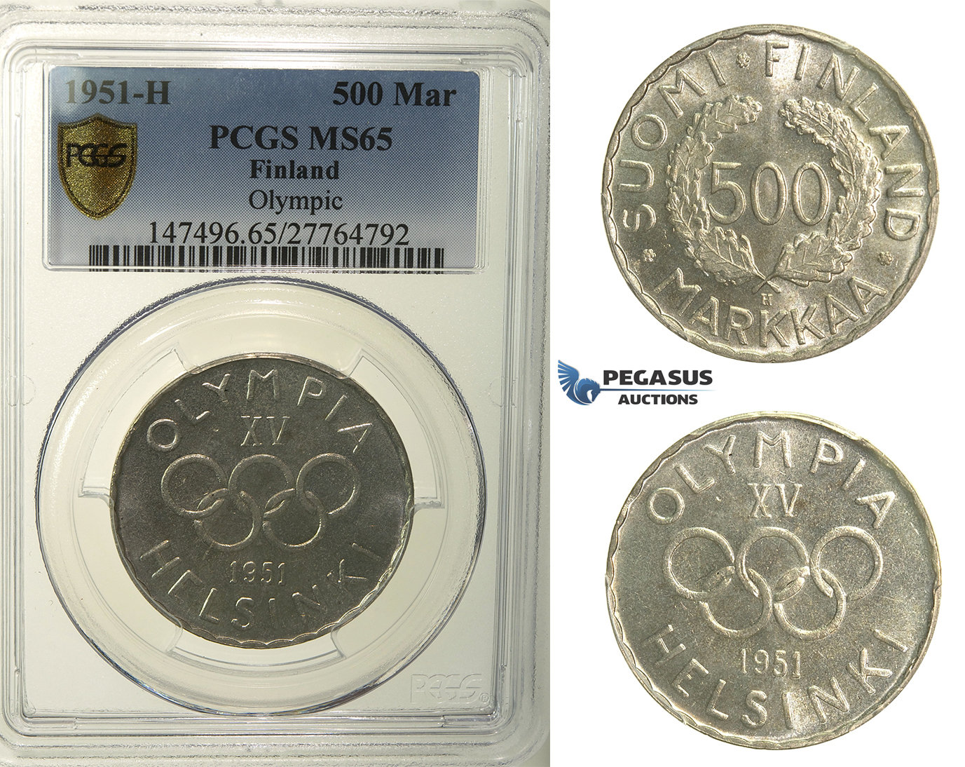 R138, Finland, 500 Markkaa 1951-H (Olympic Games) Helsinki, Silver, PCGS MS65, Rare!