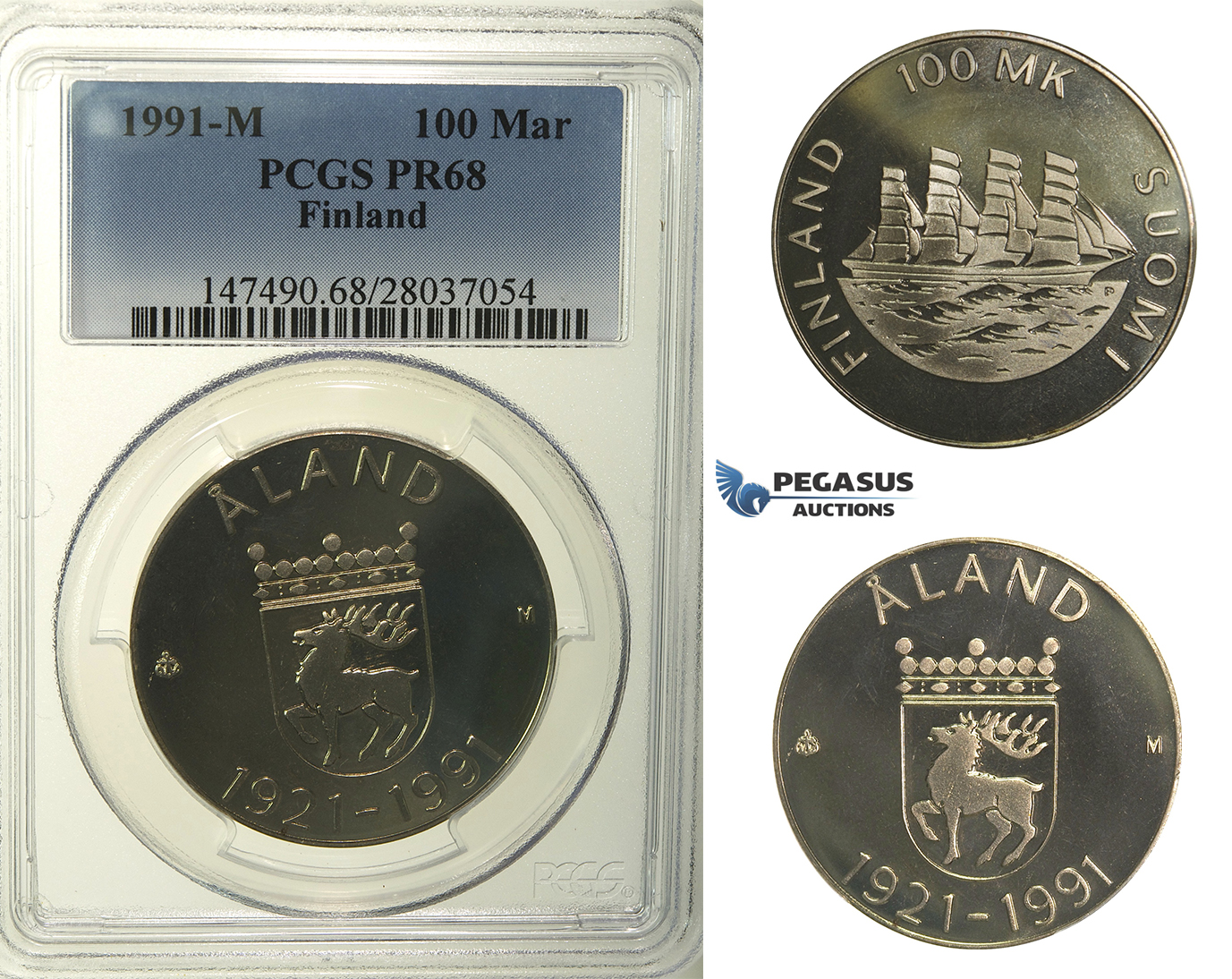 R139, Finland, 100 Markaa 1991-M (Åland) Silver, PCGS PR68, Very Rare, only 700 minted!