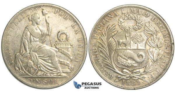 R14, Peru, Sol 1889-TF, Silver, Nice toning!