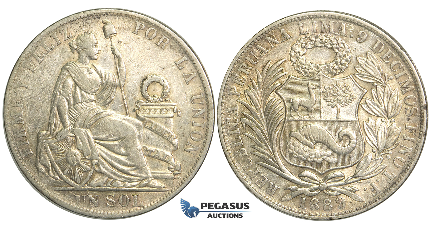 R14, Peru, Sol 1889-TF, Silver, Nice toning!