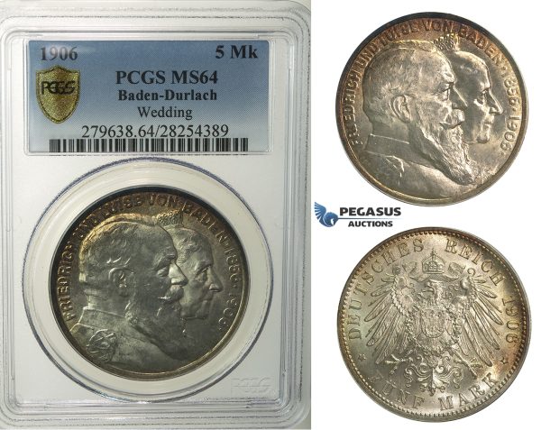 R141, Germany, Baden-Durlach, 5 Mark 1906 (Wedding) Silver, PCGS MS64