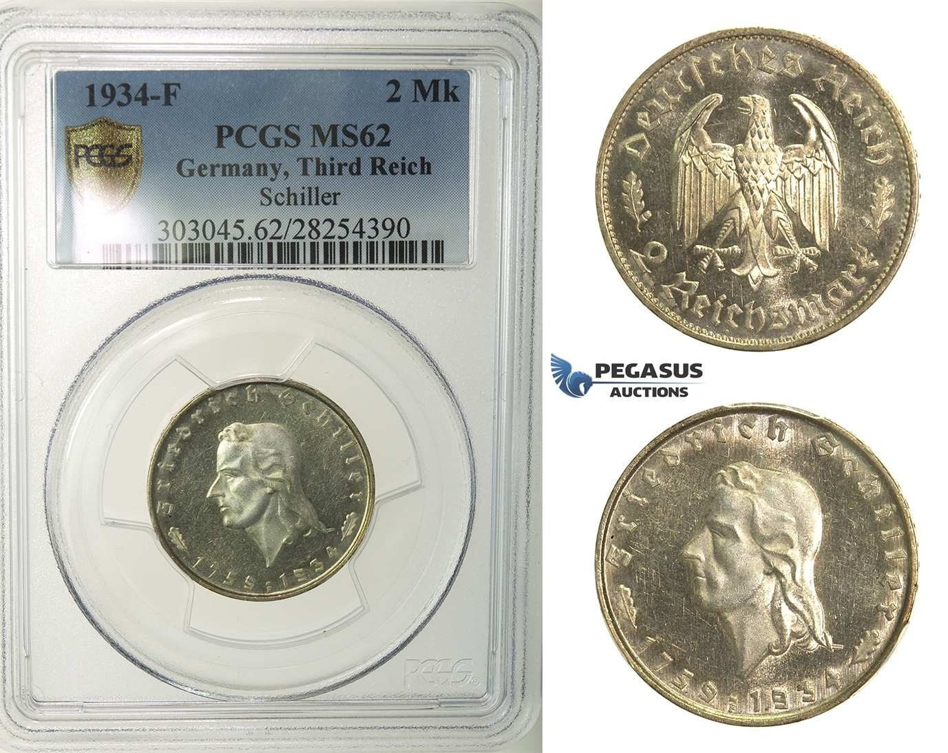 R142, Germany, Third Reich, 2 Reichmark 1934-F (Schiller) Stuttgart, Silver, PCGS MS62