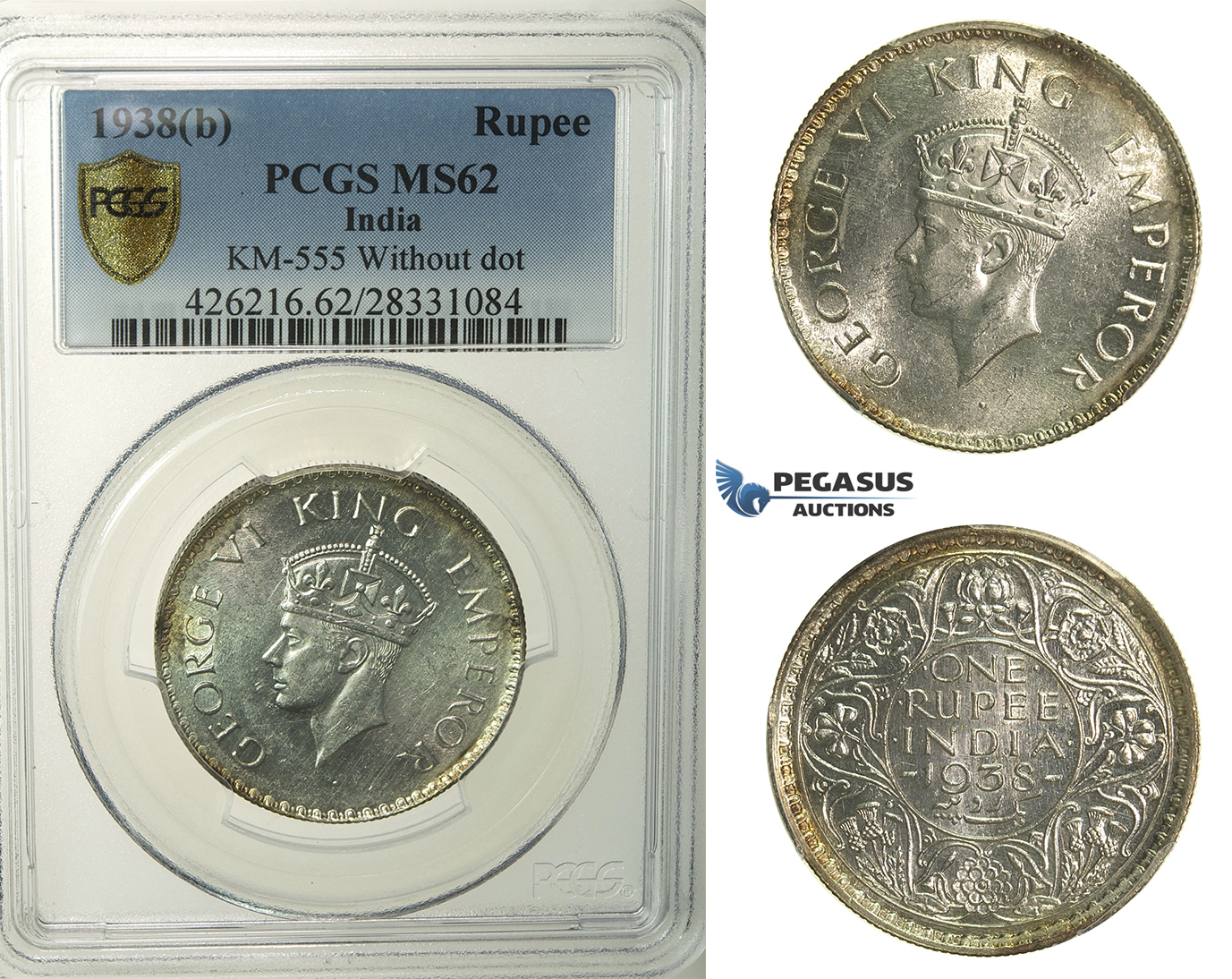 R148, India (British) George VI, Rupee 1938(b) Bombay, Silver, KM555 (Without dot) PCGS MS62