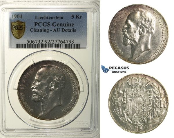 R149, Liechtenstein, Johann II, 5 Kronen 1904, Vienna, Silver, PCGS AU Details