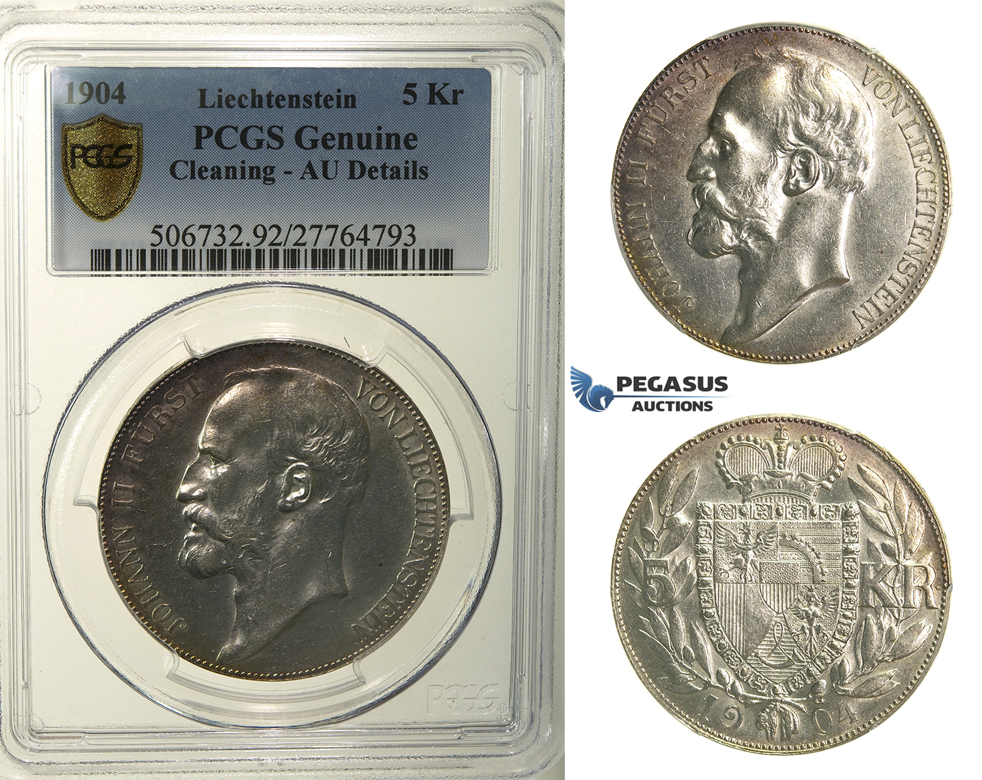 R149, Liechtenstein, Johann II, 5 Kronen 1904, Vienna, Silver, PCGS AU Details