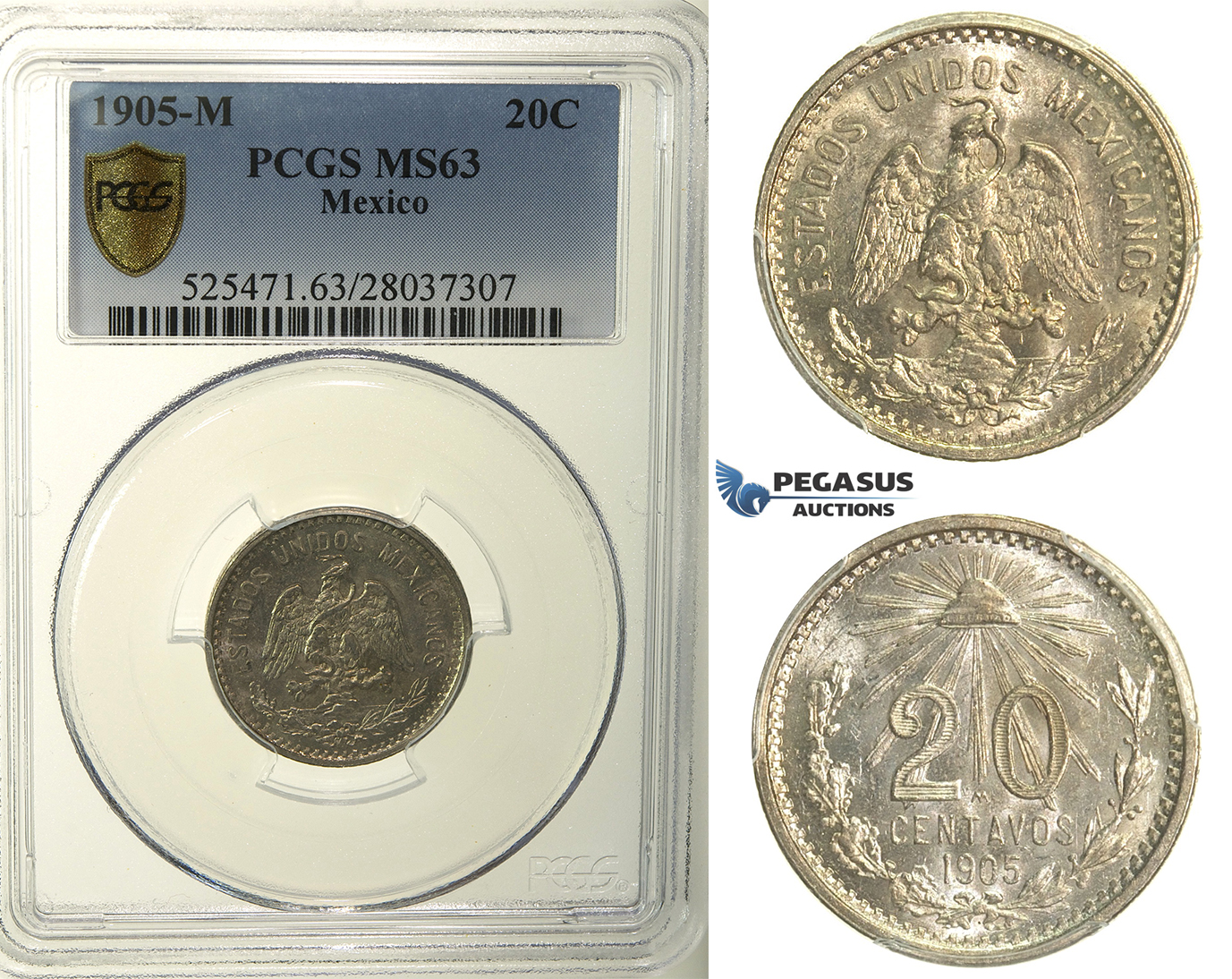 R150, Mexico, Cap and Rays 20 Centavos 1905-M, Mexico City, Silver, PCGS MS63