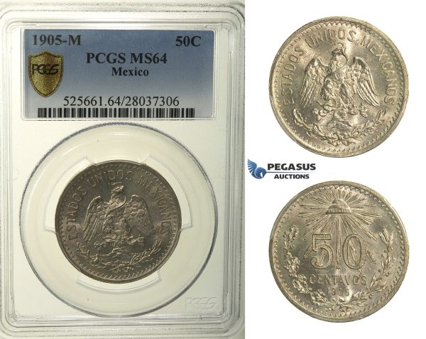 R151, Mexico, Cap and Rays 50 Centavos 1905-M, Mexico City, Silver, PCGS MS64