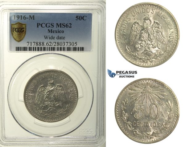 R152, Mexico, Cap and Rays 50 Centavos 1916-M, Mexico City, Silver, PCGS MS62