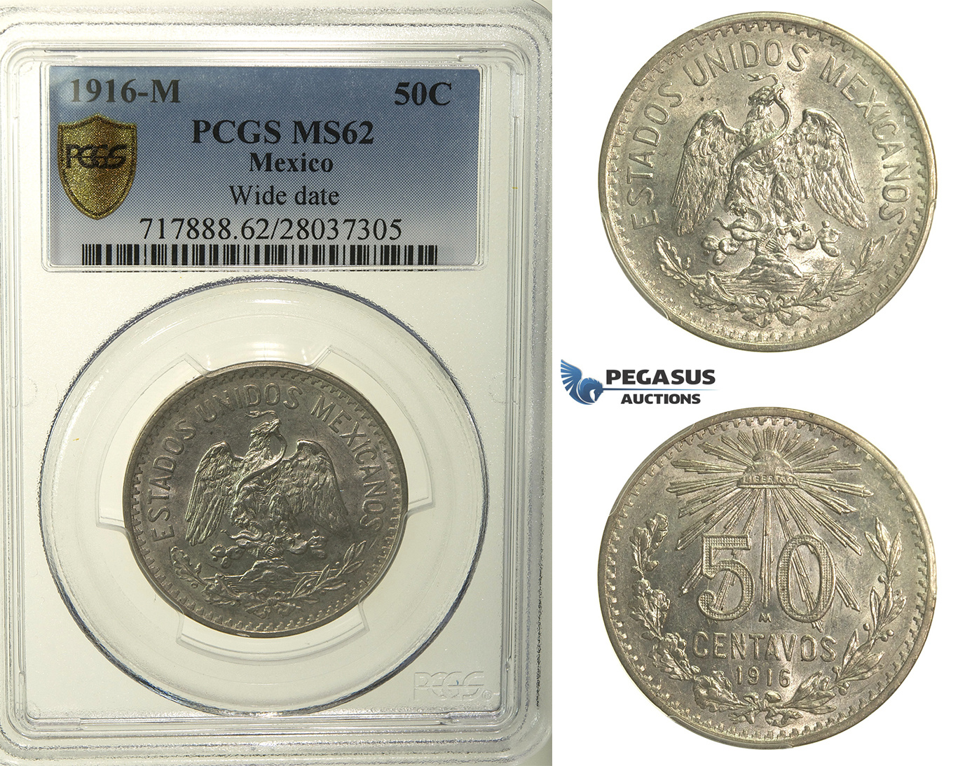 R152, Mexico, Cap and Rays 50 Centavos 1916-M, Mexico City, Silver, PCGS MS62