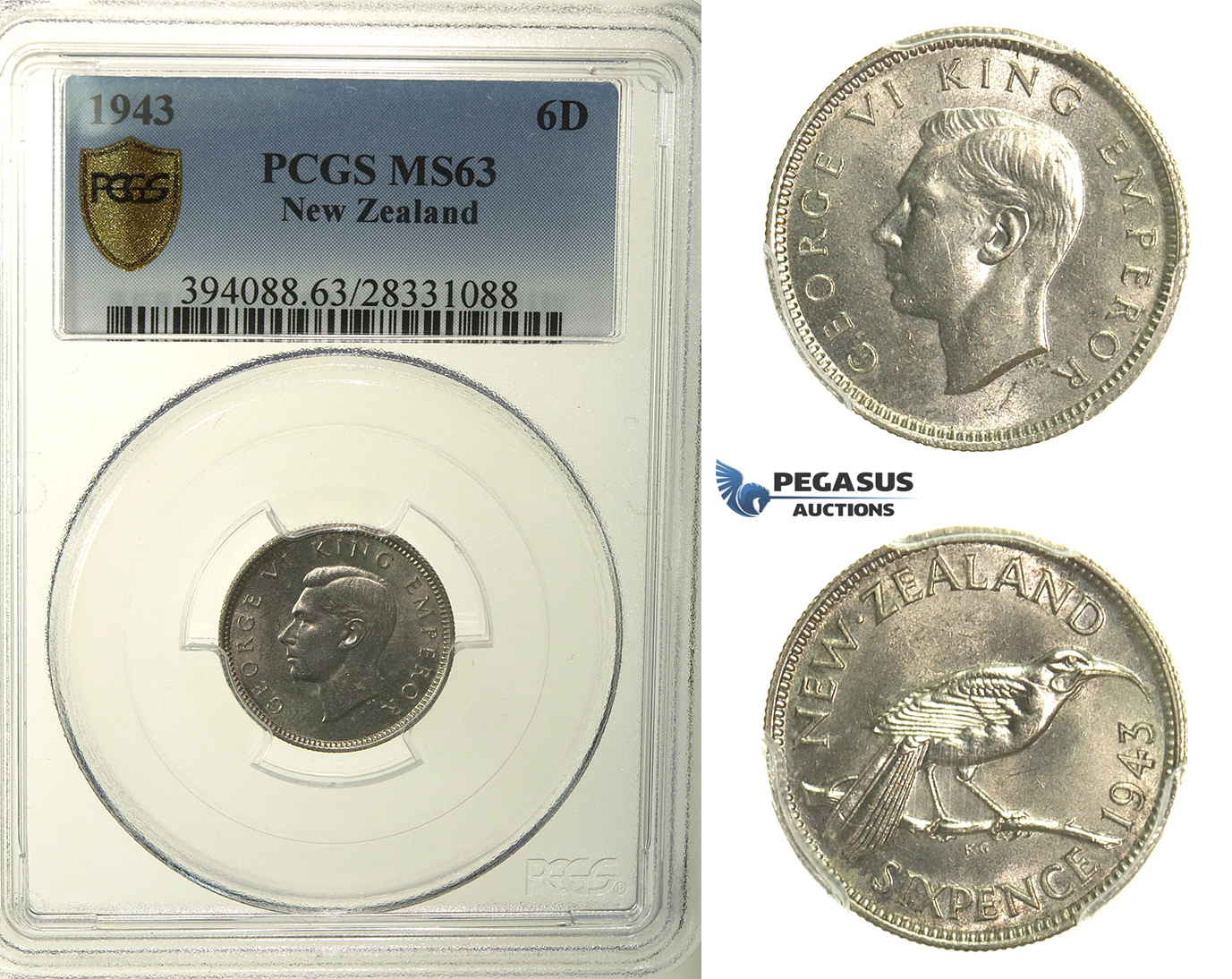 R153, New Zealand, George VI, Sixpence 1943, Silver, PCGS MS63