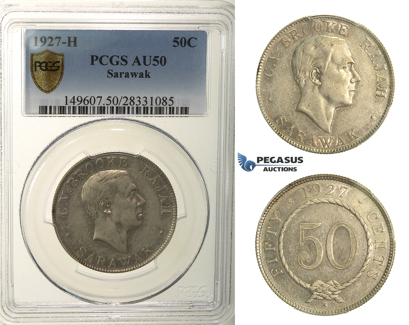 R162, Sarawak, C.V. Brooke Rajah, 50 Cents 1927-H, Heaton, Silver, PCGS AU50