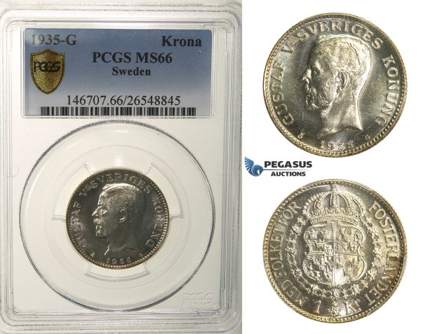 R170, Sweden, Gustaf V, 1 Krona 1935-G, Stockholm, Silver, PCGS MS66 (Mirror fields)