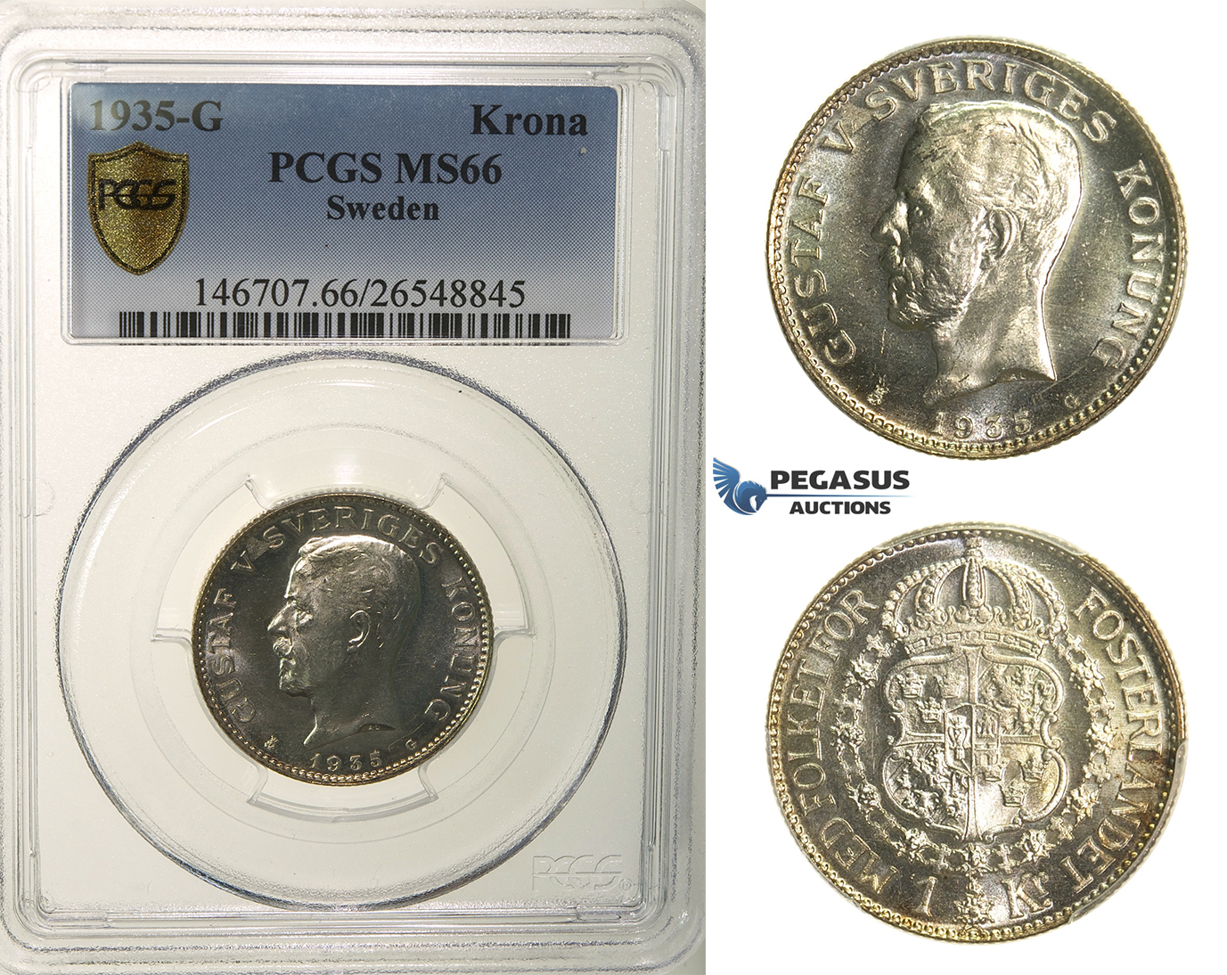 R170, Sweden, Gustaf V, 1 Krona 1935-G, Stockholm, Silver, PCGS MS66 (Mirror fields)