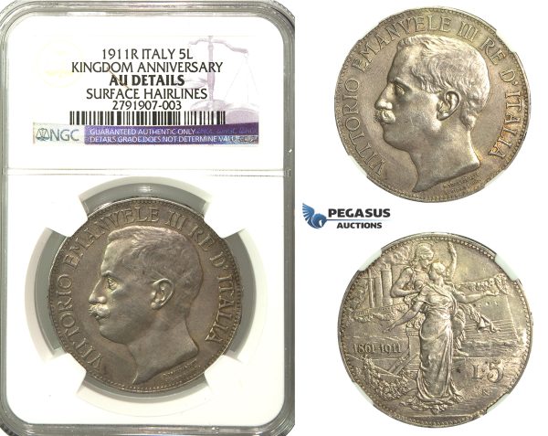 R174, Italy, Vit. Emanuele III, 5 Lire 1911-R, Rome, NGC AU Details