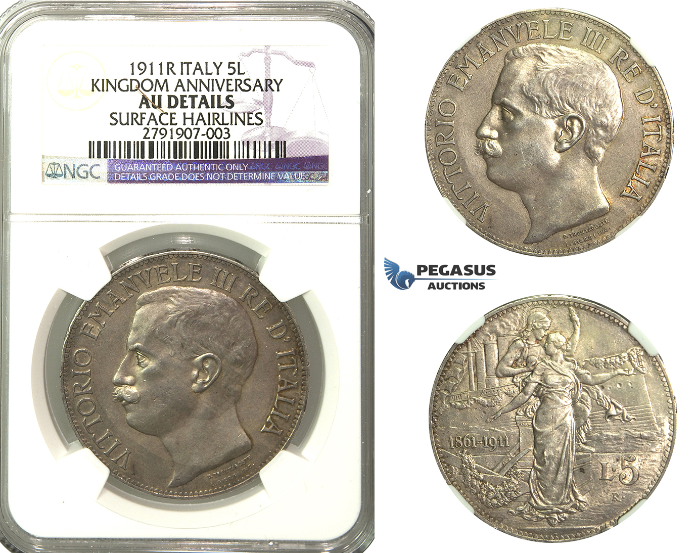 R174, Italy, Vit. Emanuele III, 5 Lire 1911-R, Rome, NGC AU Details