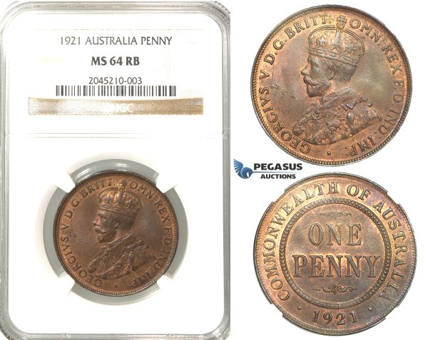 R201, Australia, George V, Penny 1921, NGC MS64RB Rare Grade!