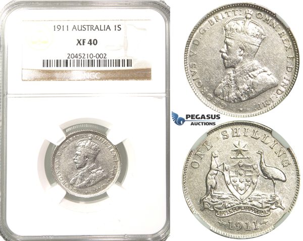 R202, Australia, George V, Shilling 1911, Silver, NGC XF40