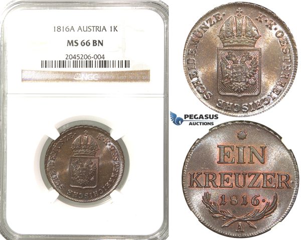 R203, Austria, Joseph I, Kreuzer 1816-A, Vienna, NGC MS66BN (Pop 1/2, No finer)