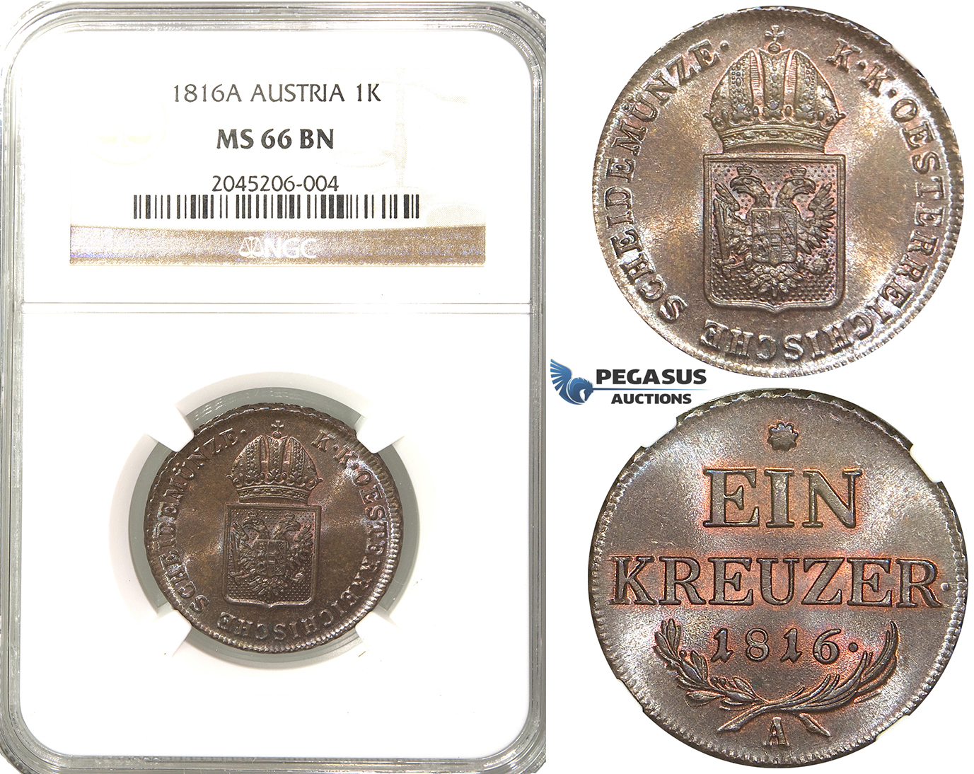 R203, Austria, Joseph I, Kreuzer 1816-A, Vienna, NGC MS66BN (Pop 1/2, No finer)