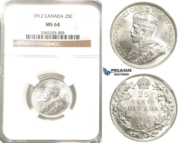 R204, Canada, George V, 25 Cents 1912, Silver, NGC MS64 Rare!