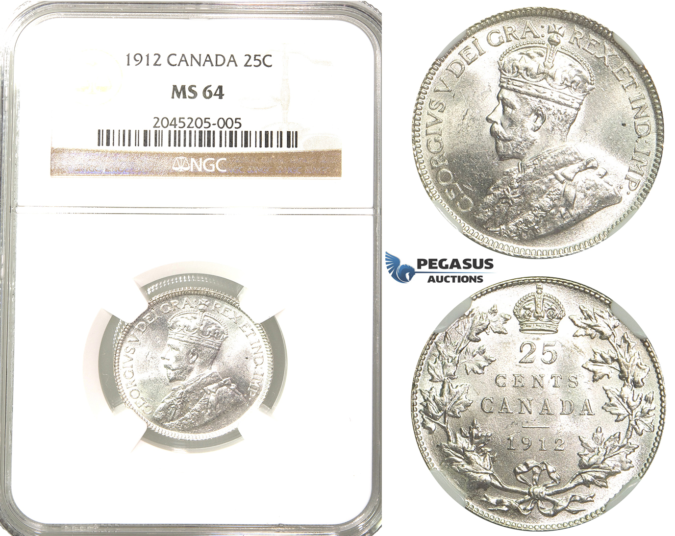 R204, Canada, George V, 25 Cents 1912, Silver, NGC MS64 Rare!