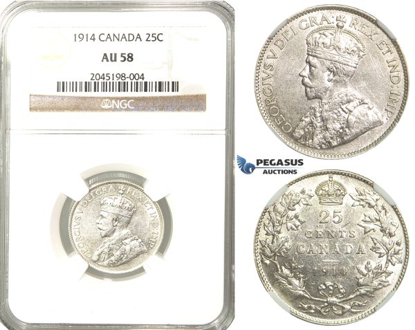 R205, Canada, George V, 25 Cents 1914, Silver, NGC AU58
